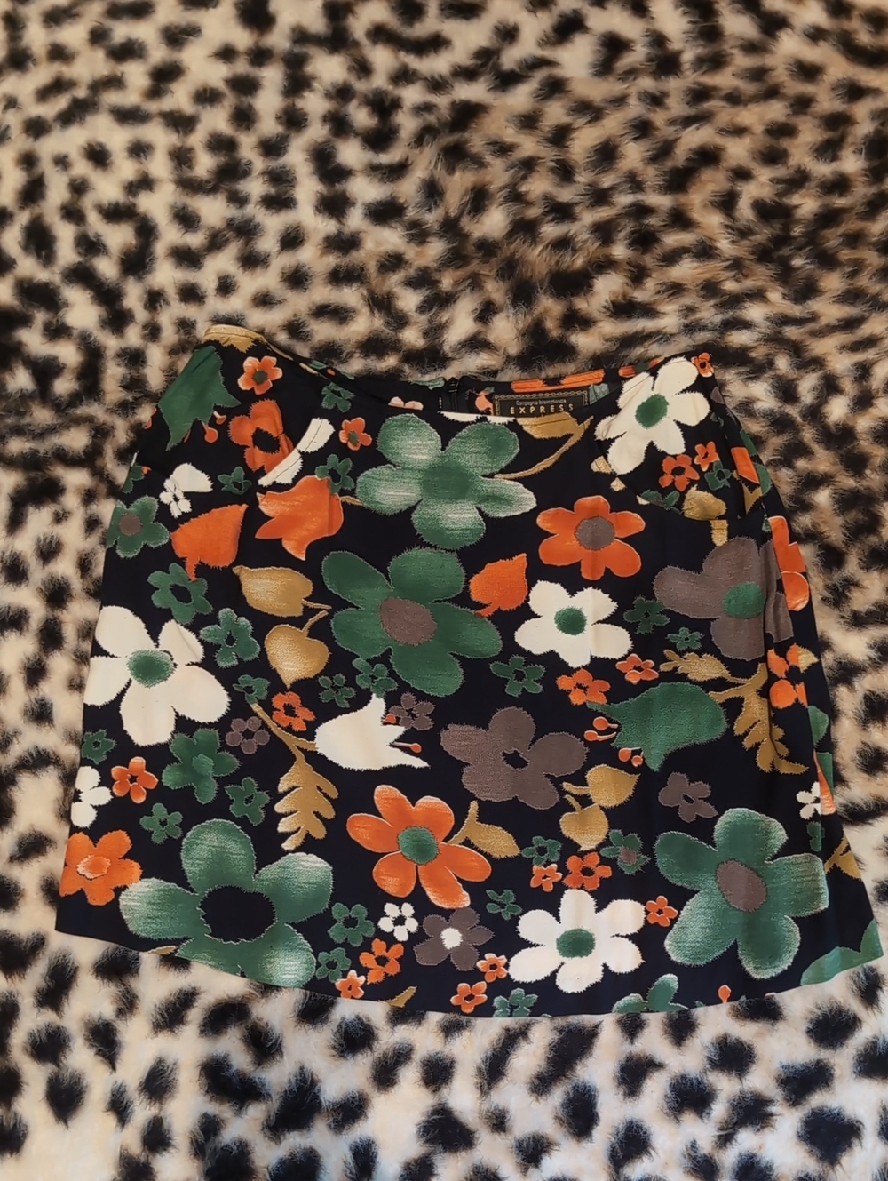 Express Vintage Floral A-Line Mini Skirt in Black with Green & Orange Flowers